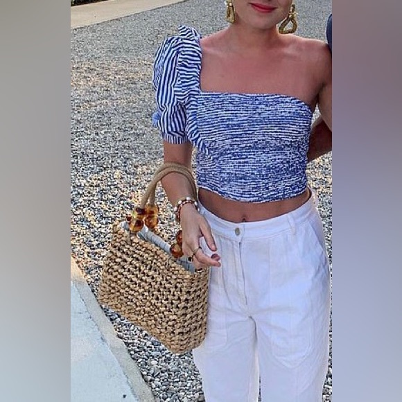 ZARA Blue White Nautical Stripe Shirred Puff Sleeve One Shoulder Crop Top NWT - Picture 2 of 8